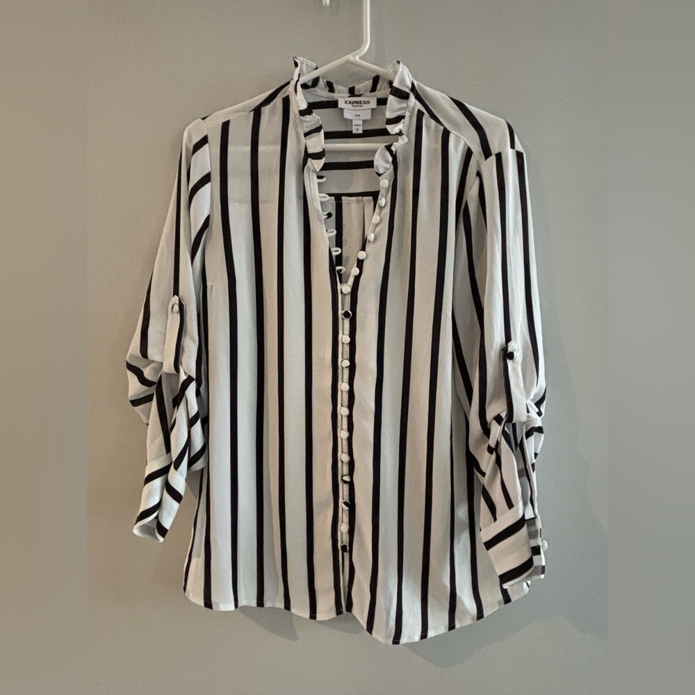 Express Black White Blouse Button Front Vertical Stripes Ruffle Sleeve Sz Large